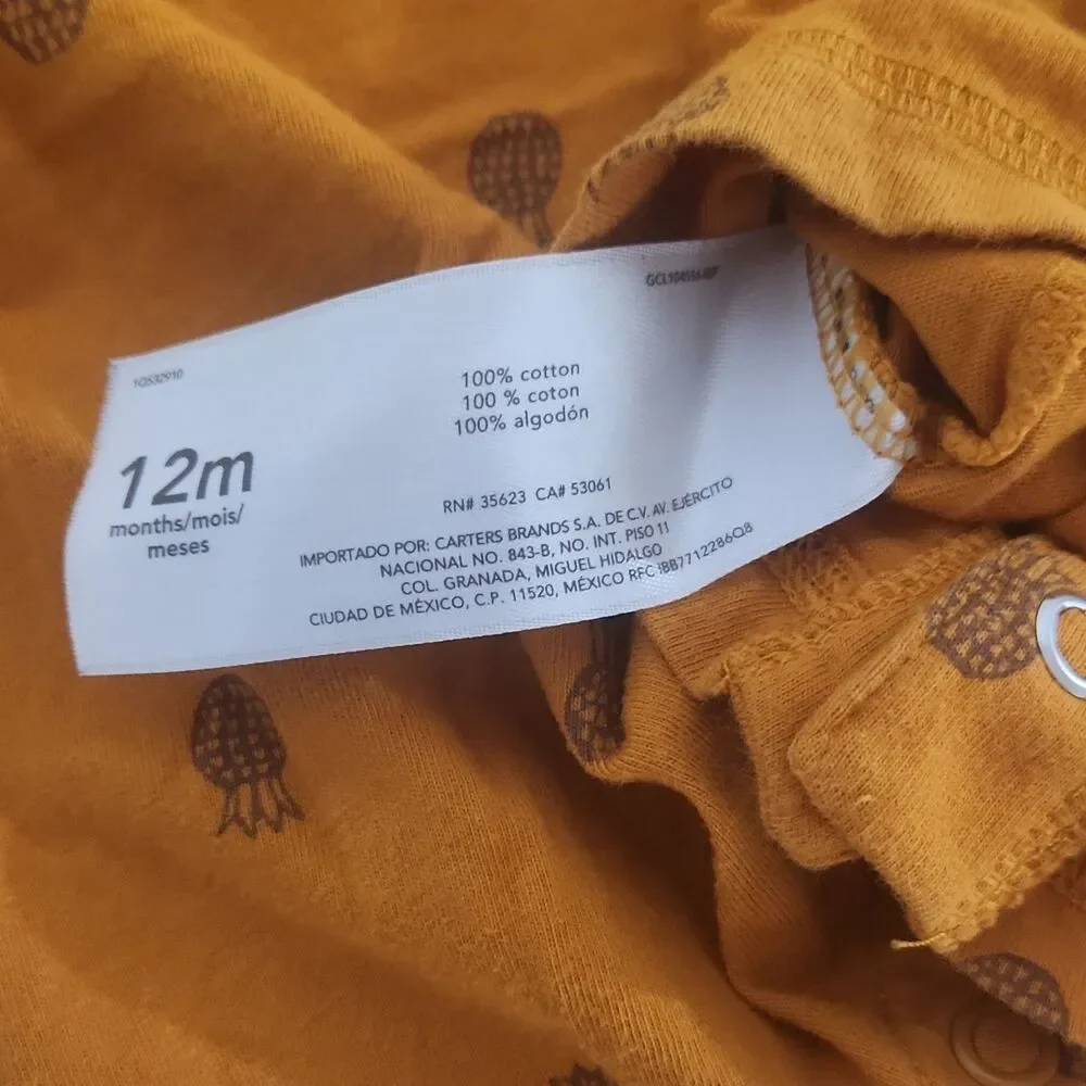 Carter's Baby Romper 12M 2PC Orange Brown Pineapple Button Outfit Set - Picture 5 of 14